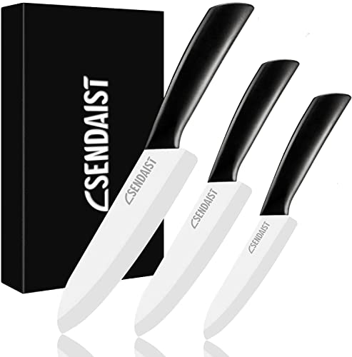 Set of 3 Sharp Ceramic Kitchen Knives With Anti-slip handle & sheath – 6” Chef Knife, 5”...