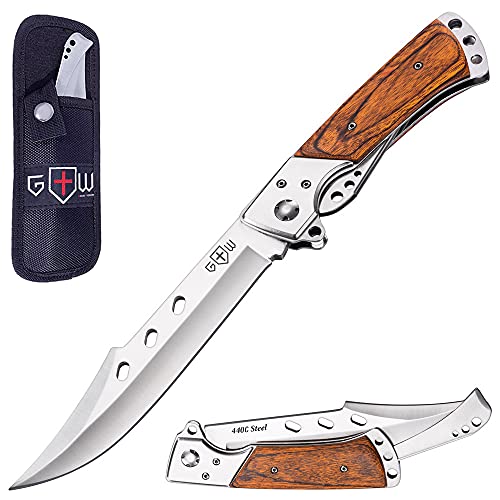 Grand Way Hunting Folding Knife with Rosewood Handle - Tactical EDC Pocket Knife - Foldable Long...